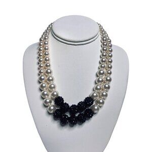Roman Double Strand Faux Pearl And Black Textured Bead Necklace (6190)